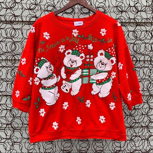 Vint. 1989 Red Christmas teddy bear Winter Granny sweatshirt - Picture 1 of 6